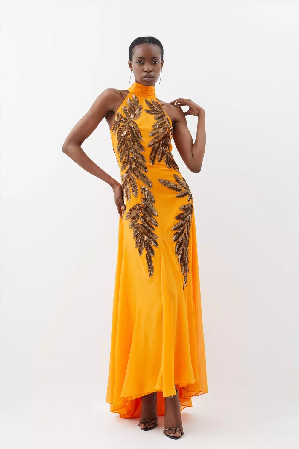 Halter Neck Feather Sequin Detail Woven Maxi Dress