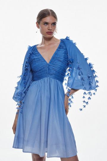 Tall Cotton Applique Detail Woven Mini Dress blue