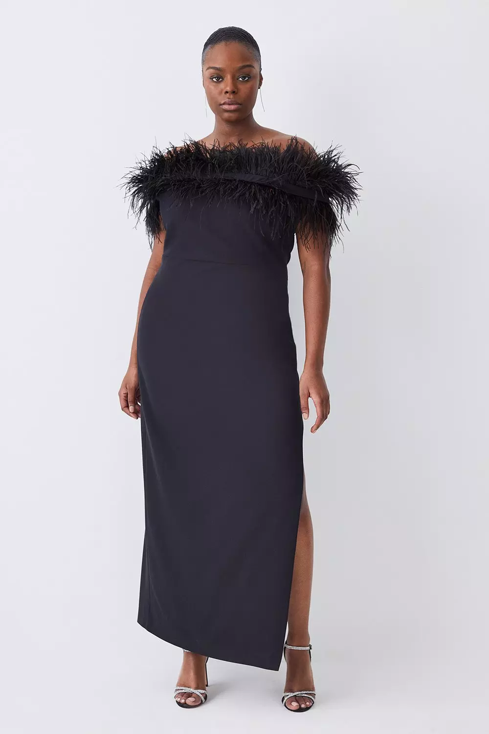 Plus Size Feather Off The Shoulder Stretch Crepe Maxi Dress