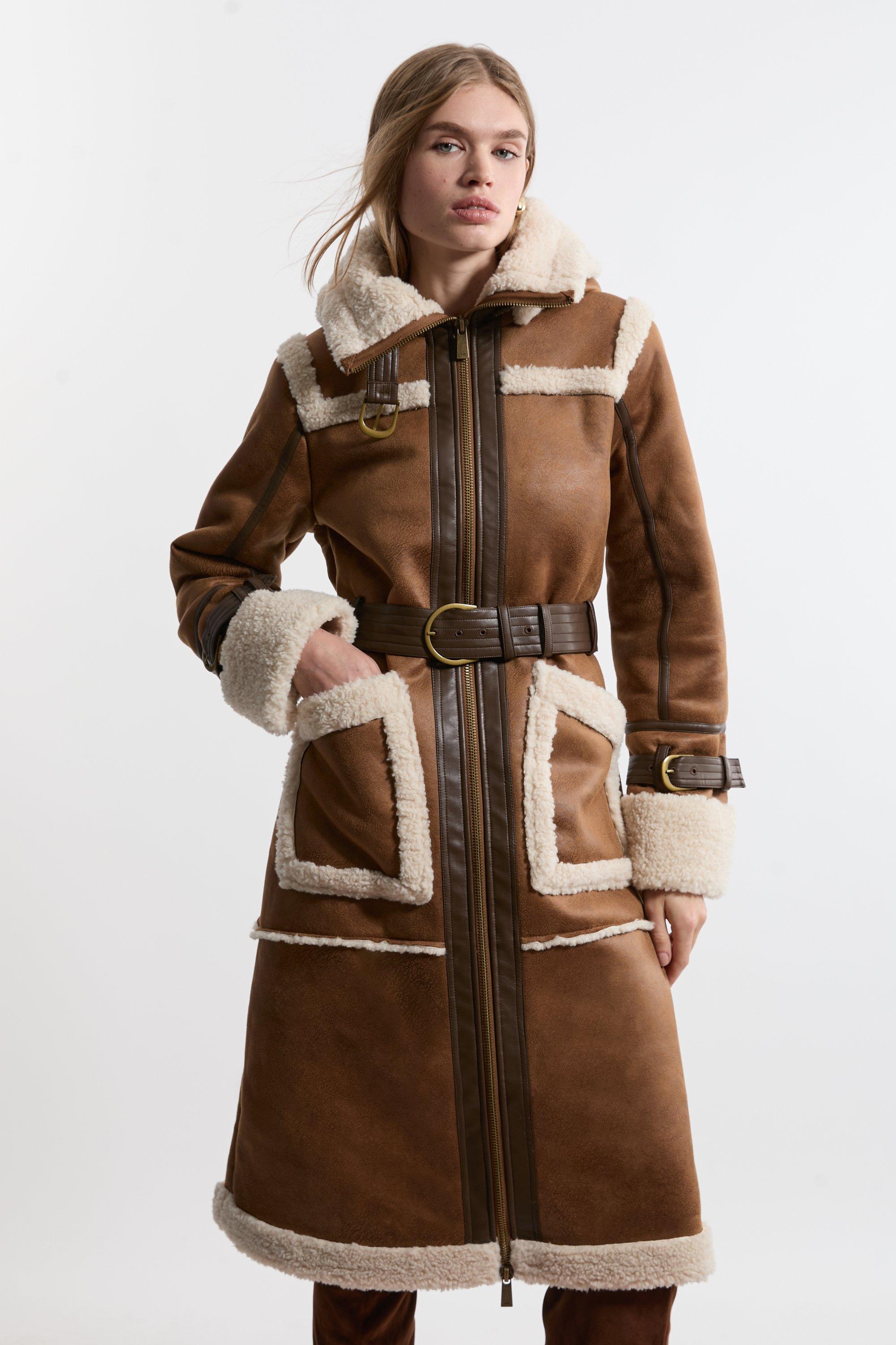 Faux Shearling Contrast Trim Hooded Midi Coat