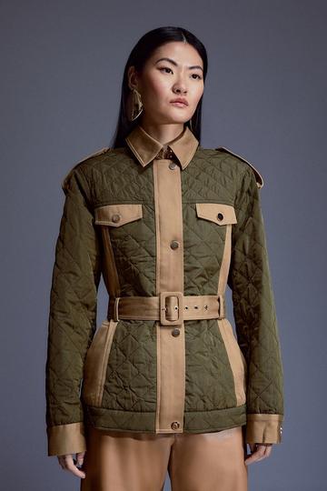 Khaki Quilted Trench Mix Belted Short Trench Coat
