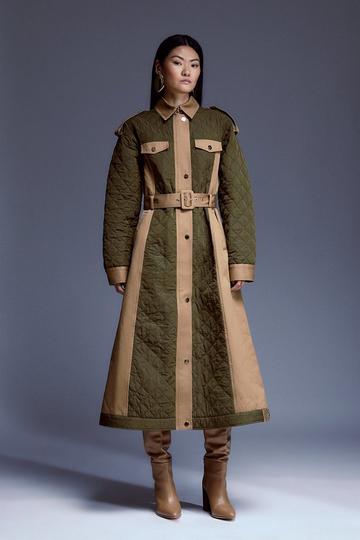 Khaki Quilted Trench Mix Belted Full Skirt Trench Coat