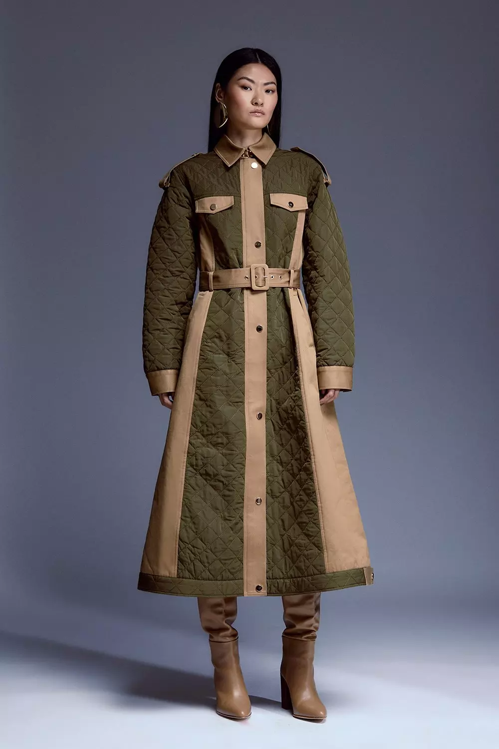 Quilted Trench Mix Belted Full Skirt Trench Coat | Karen Millen