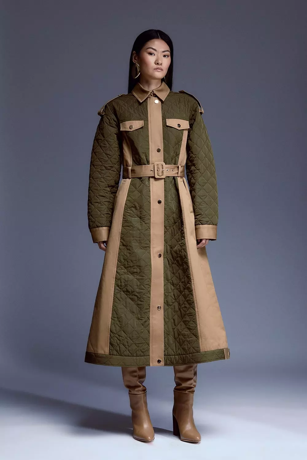 Quilted Trench Mix Belted Full Skirt Trench Coat