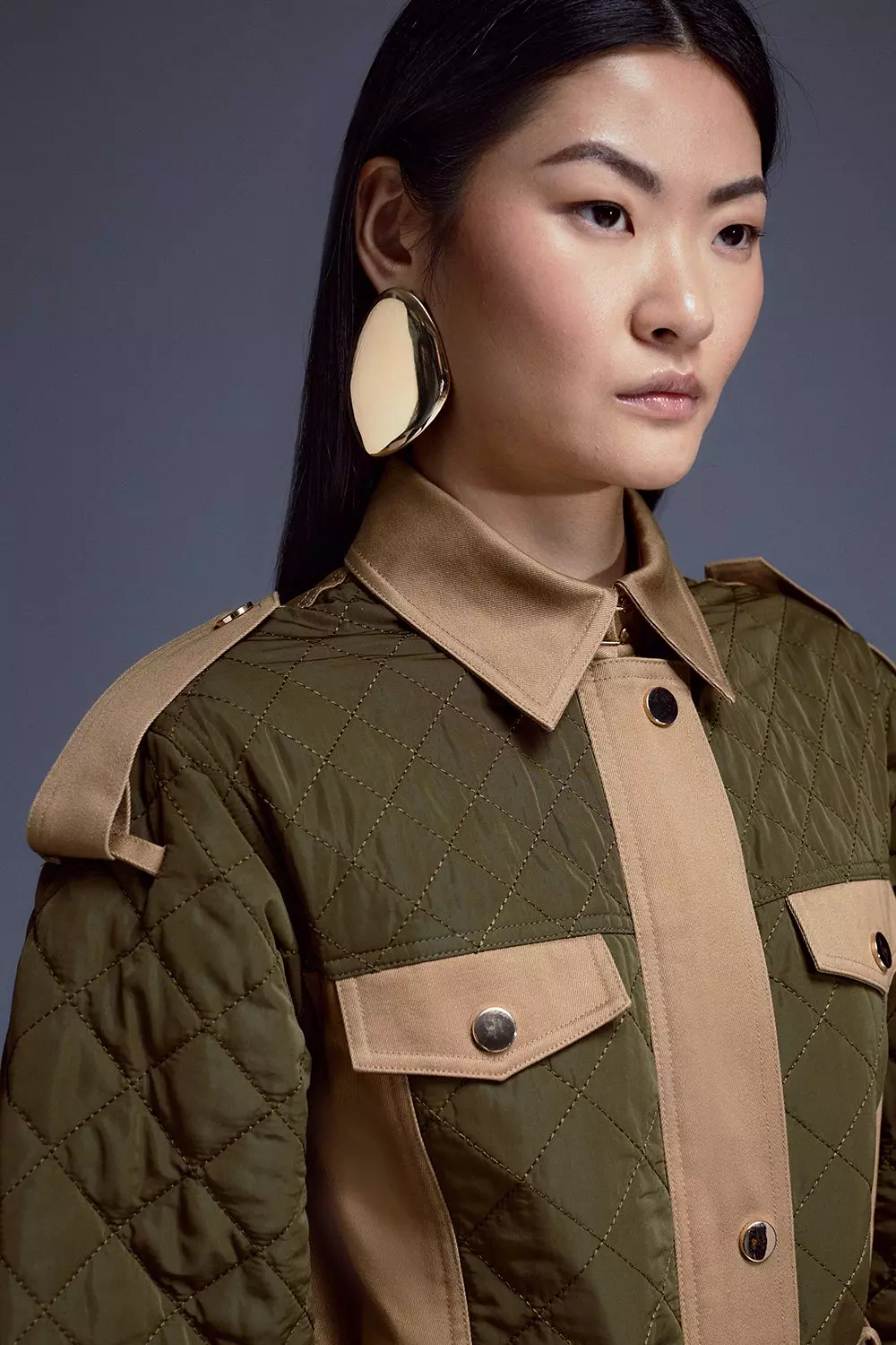 Karen Millen Womens Nylon & Woven Mix Belted Full Skirt Trench Coat - Khaki/Green - Size 4