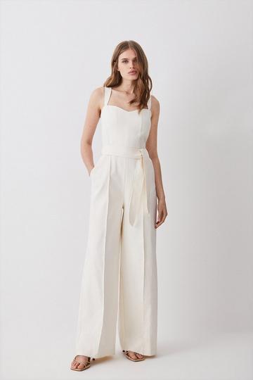 Structured Stretch Sweetheart Neck Belted Jumpsuit ivory