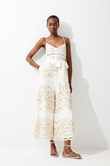 Mirrored Cutwork Strappy Embroidered Woven Jumpsuit ivory