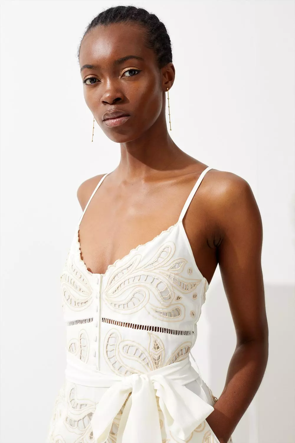 Cutwork Embroidery Cami Top in Linen Blend Ivory