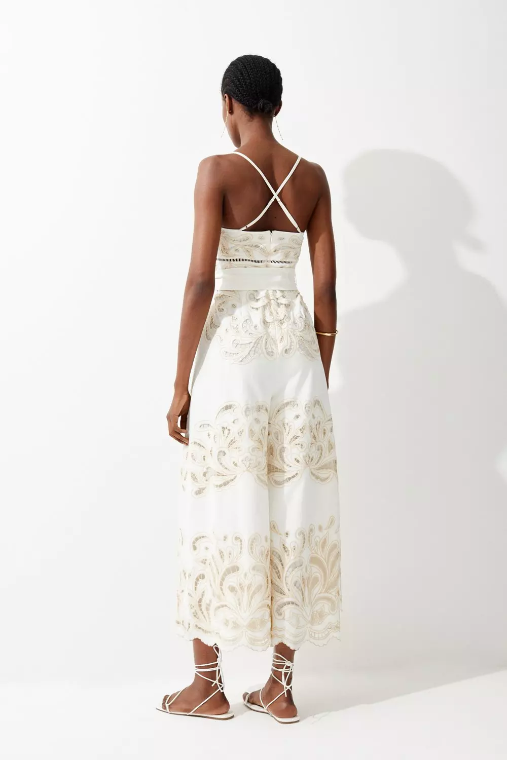 Mirrored Cutwork Strappy Embroidered Woven Jumpsuit | Karen Millen