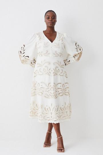 White Plus Size Mirrored Cutwork Tie Front Woven Midi Dress