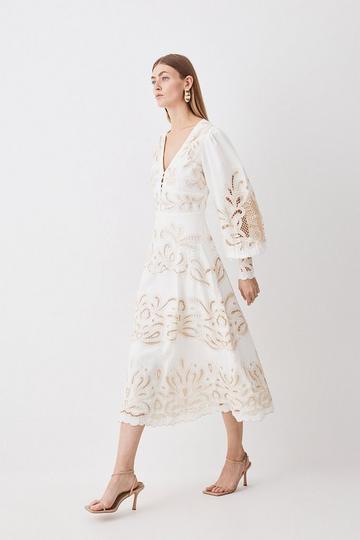 White Mirrored Cutwork Tie Front Woven Midi Dress