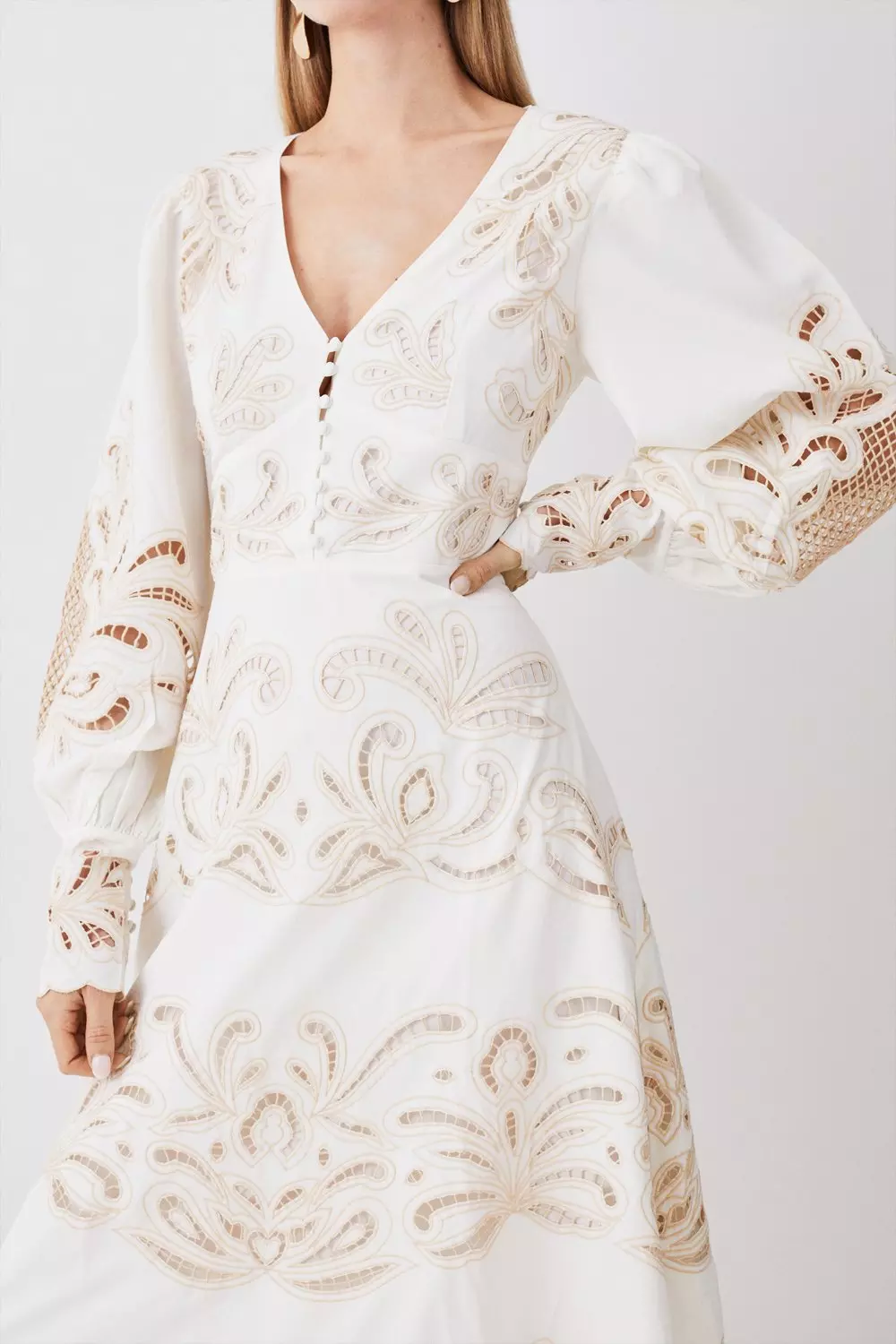 Mirrored Cutwork Tie Front Woven Midi Dress