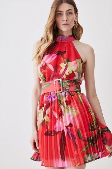 Multi Red Floral Georgette Belted Pleated Mini Dress