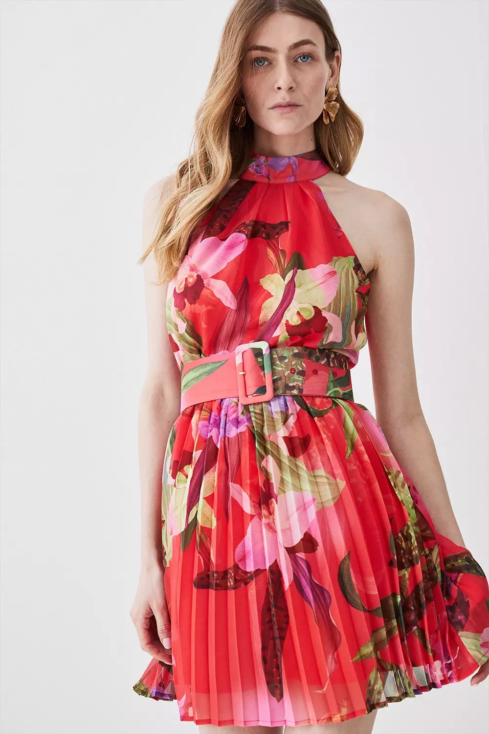 Red Floral Georgette Belted Pleated Mini Dress Karen Millen