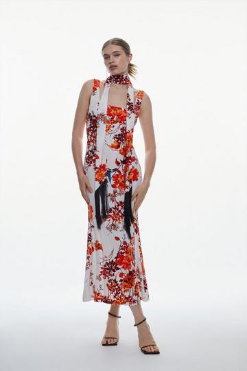 Floral Maxi Woven Dress With Scarf floral