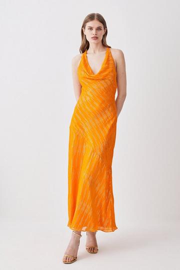 Cowl Neck Metallic Maxi Column Dress orange