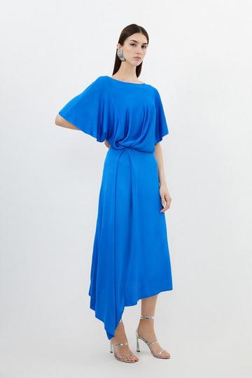 Slinky Knit Angel Sleeve High Low Dress cobalt