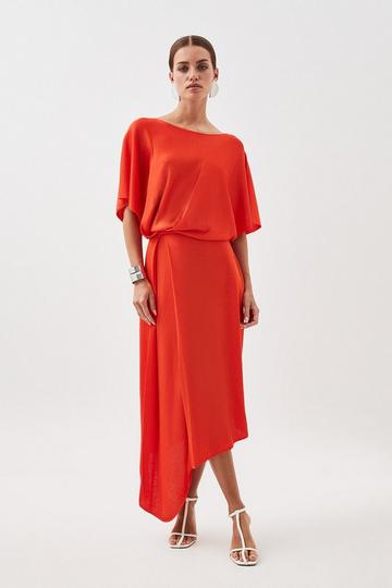 Slinky Knit Angel Sleeve High Low Dress orange