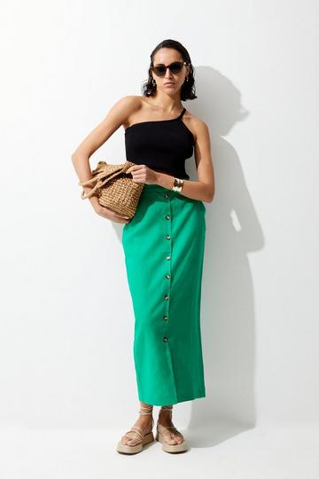 Green Linen Tailored Pencil Midi Skirt
