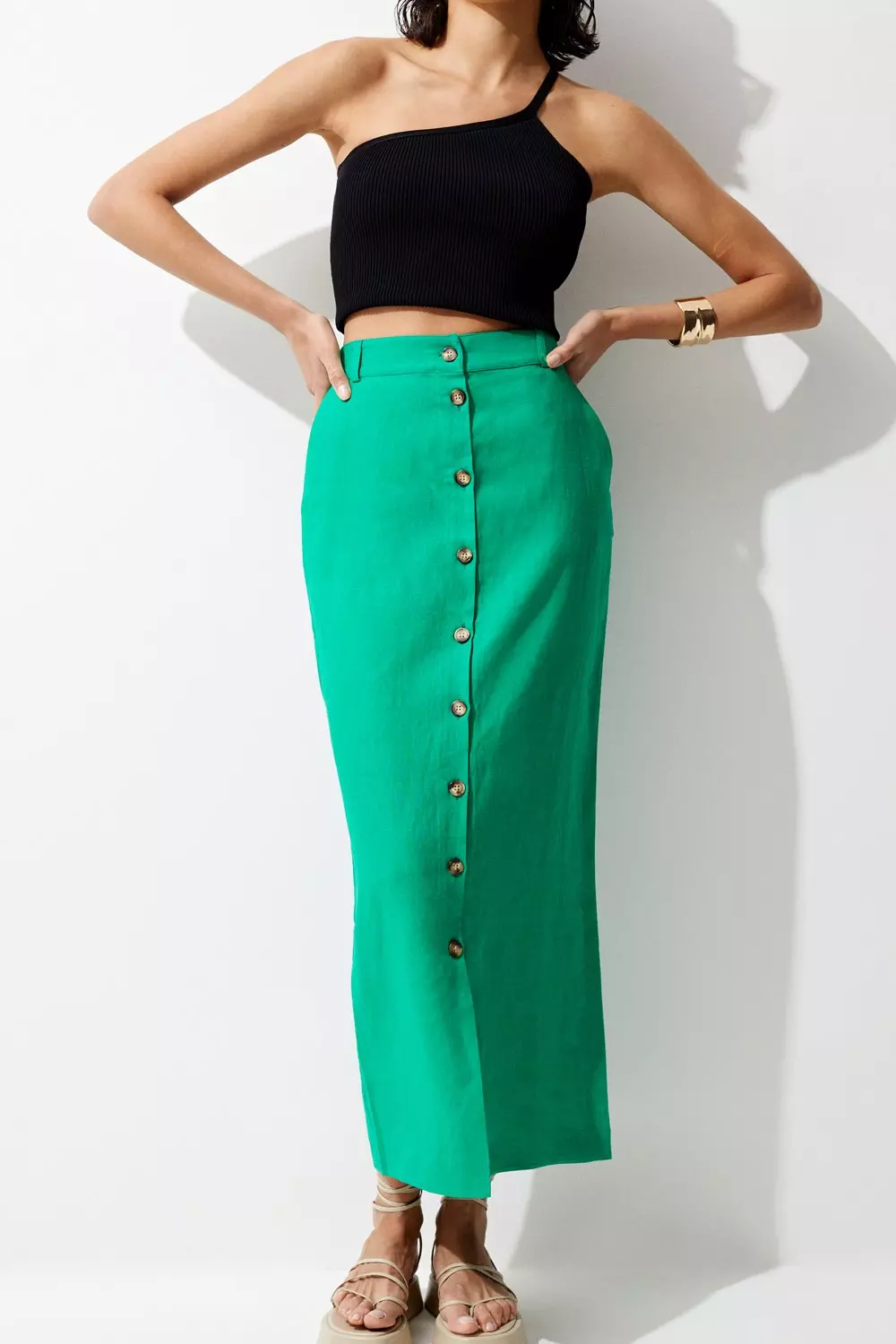 Green midi skirt outlet linen