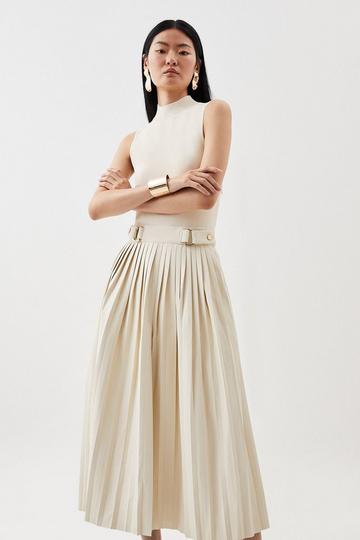 Cream White Knitted Midi Dress With Pu Detailing
