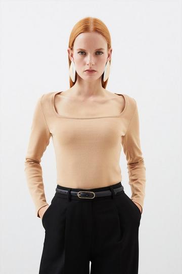 Viscose Blend Square Neck Figure Form Knitted Top natural