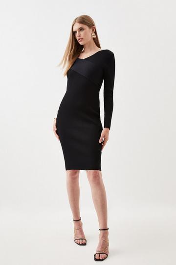 Black Viscose Blend Rib Knitted Wrap Front Mini Dress