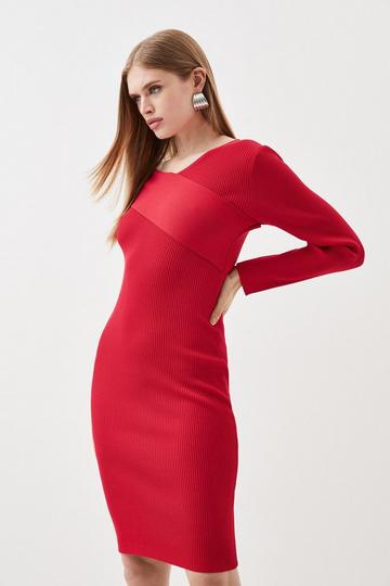 Viscose Blend Rib Knitted Wrap Front Mini Dress red