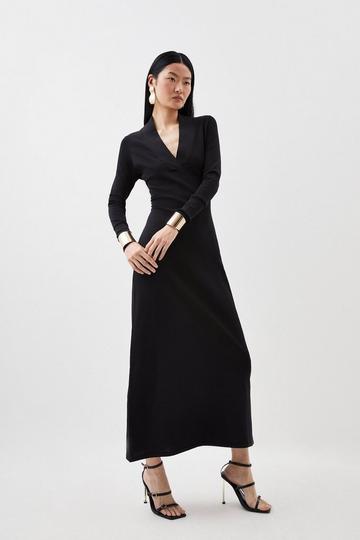 Viscose Blend Knit Midaxi Dress With Shawl Collar black