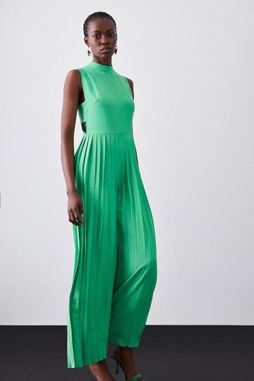 High Neck Tie Waisted Full Pleated Jumpsuit green