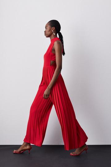 Red High Neck Tie Waisted Full Pleated Jumpsuit