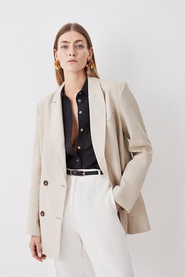 Linen Double Breasted Pocket Detail Oversized Tailored Blazer stone
