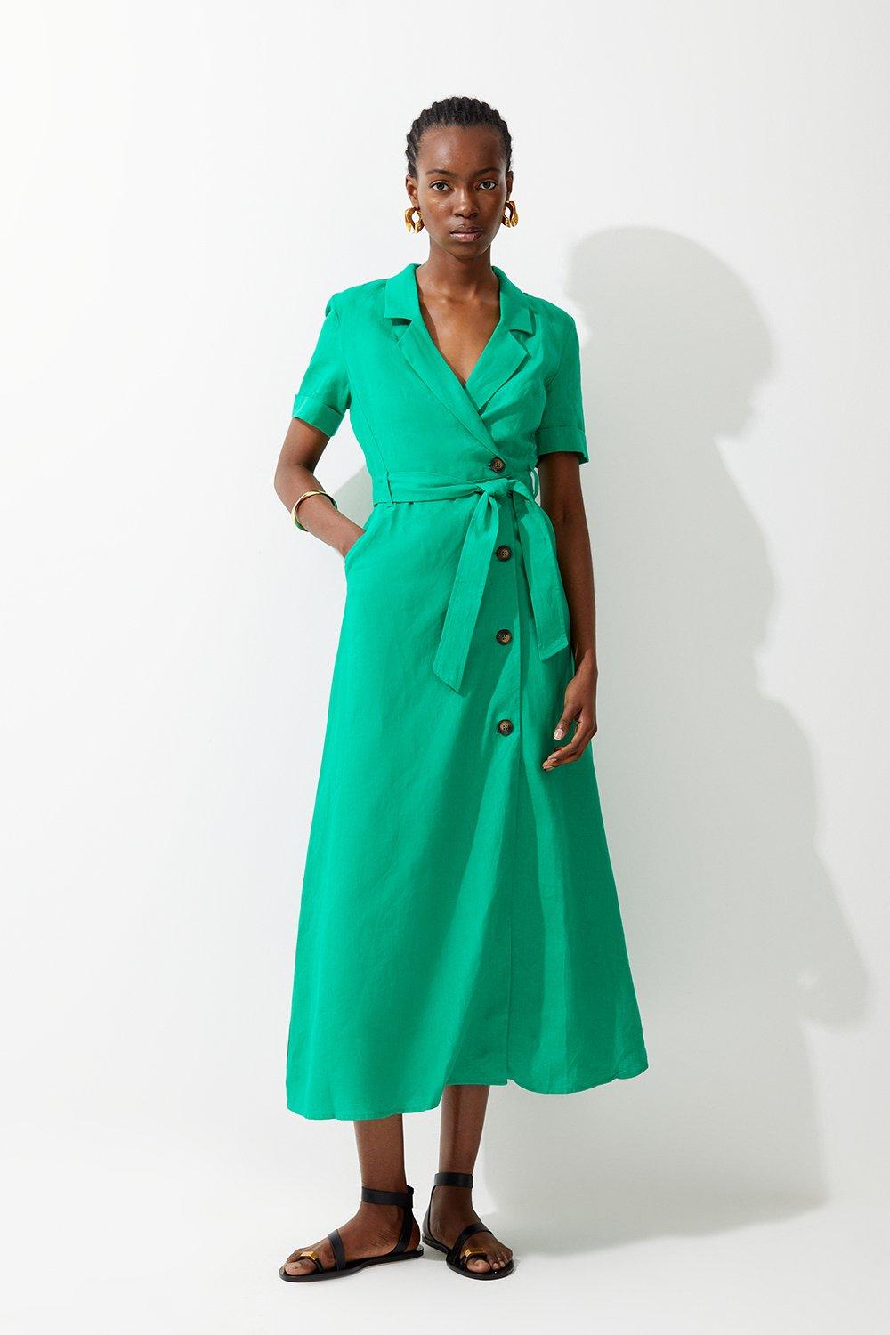 BELTED SATIN SHIRT DRESS - Emerald