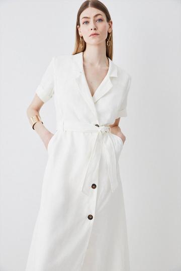 Linen Belted Shirt Midi Dress ivory