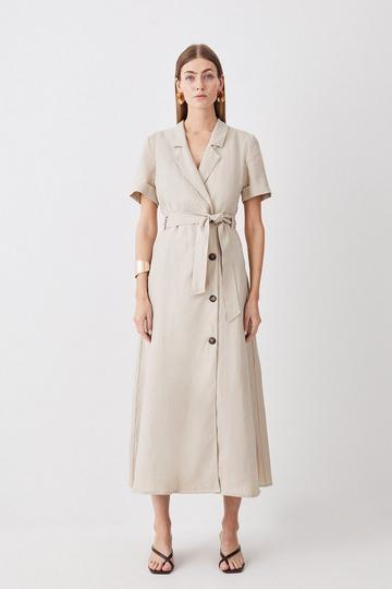 Linen Belted Shirt Midi Dress stone