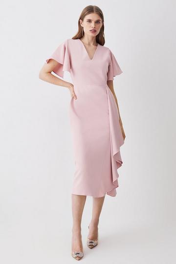 Soft Tailored Angel Sleeve Drape Midi Dress blush