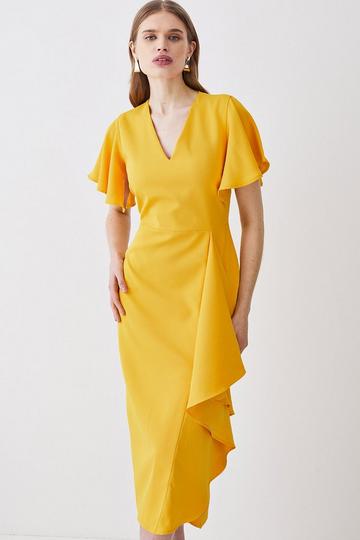 Soft Tailored Angel Sleeve Drape Midi Dress marigold