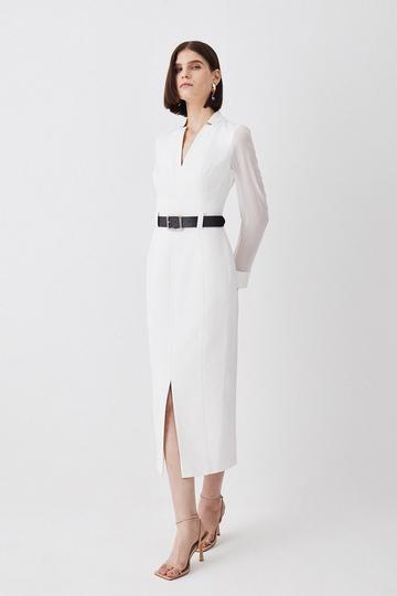 Forever Belted Long Sheer Sleeved Tailored Midi Dress ivory