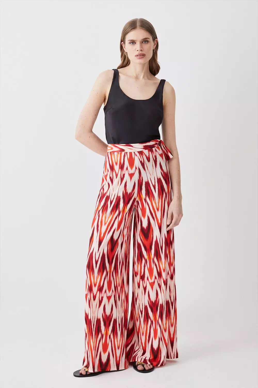 Print Wide Leg Waist Tie Jersey Pants