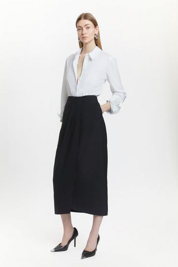 Black Wool Blend Wrap Detail Midi Skirt