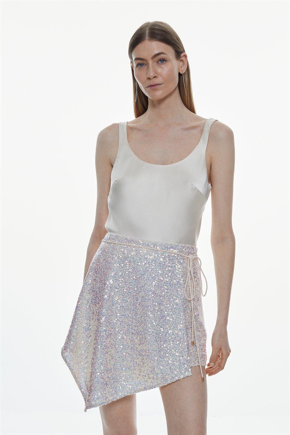 Sequinned Asymetric Woven Mini Skirt