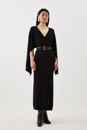 Cashmere Blend V Neck Drama Sleeve Midaxi Knit Dress black