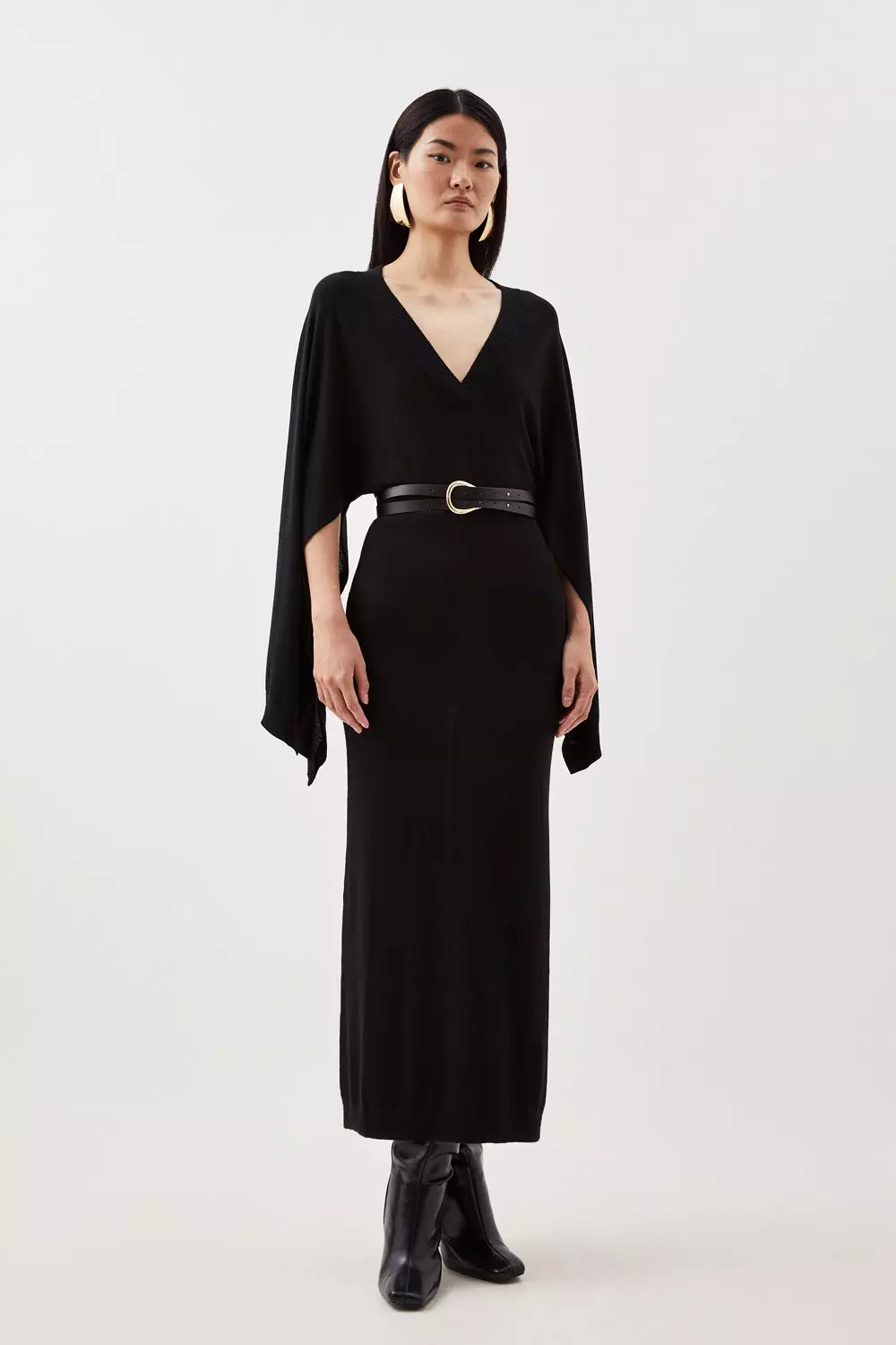 Cashmere Wool V Neck Drama Sleeve Midaxi Knit Dress