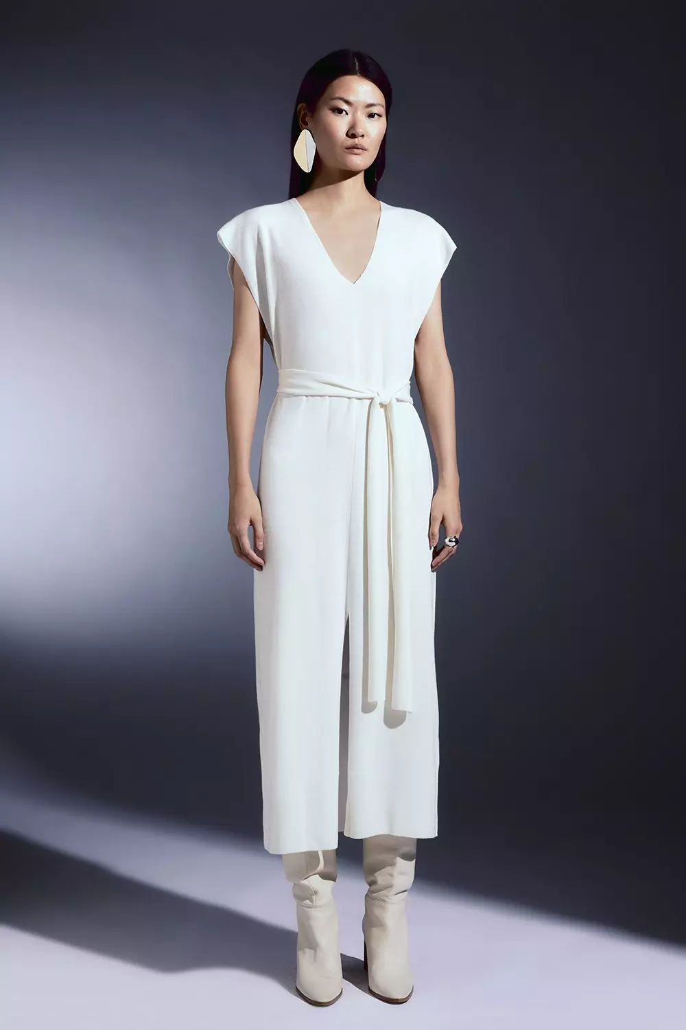 Cashmere Blend V Neck Column Belted Midaxi Dress | Karen Millen