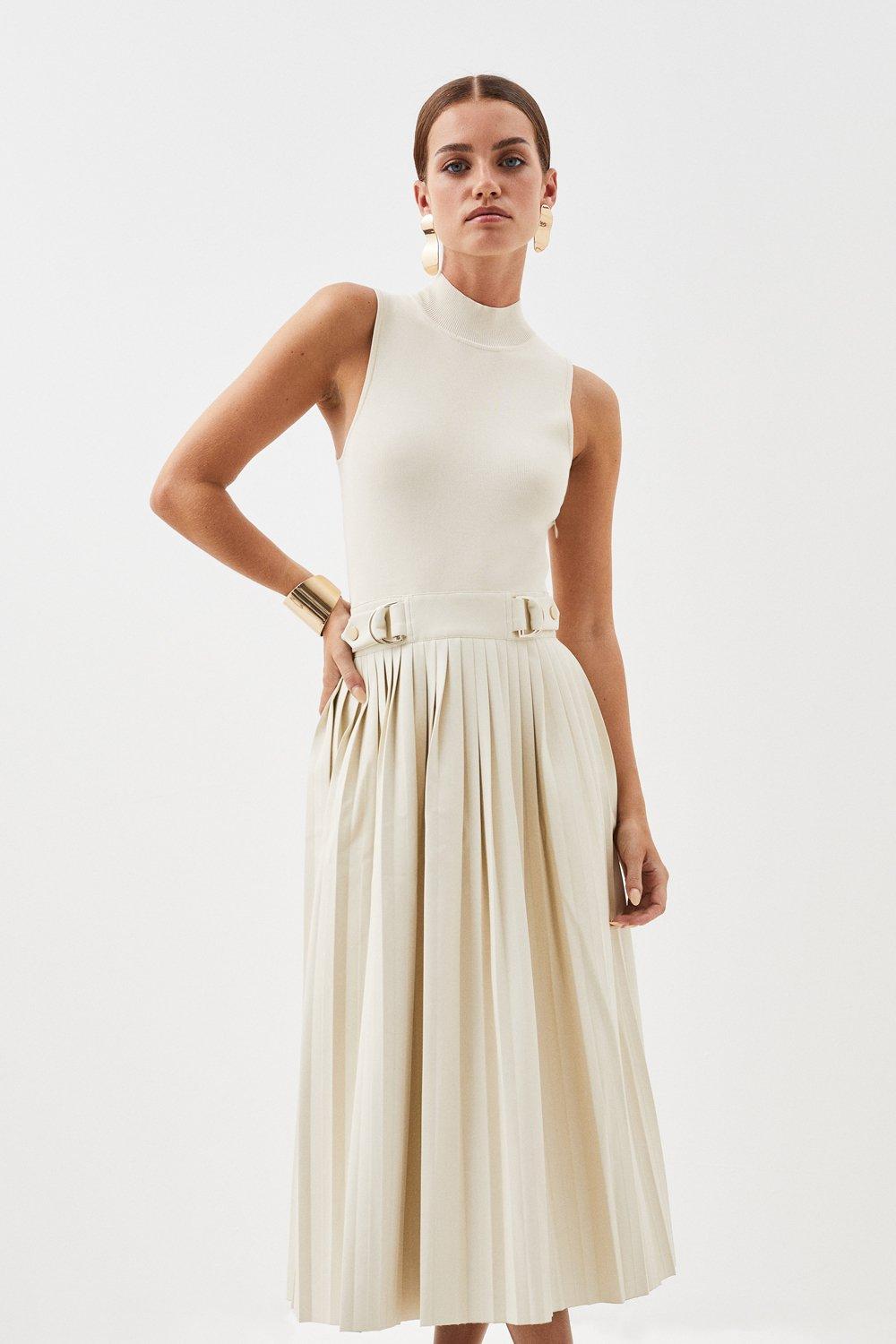 Petite Knitted Midi Dress With Pu Detailing - Cream