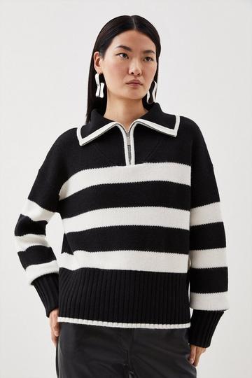 Premium Alpaca Wool Blend Mid Weight Stripe Fly Collar Knit Sweater mono