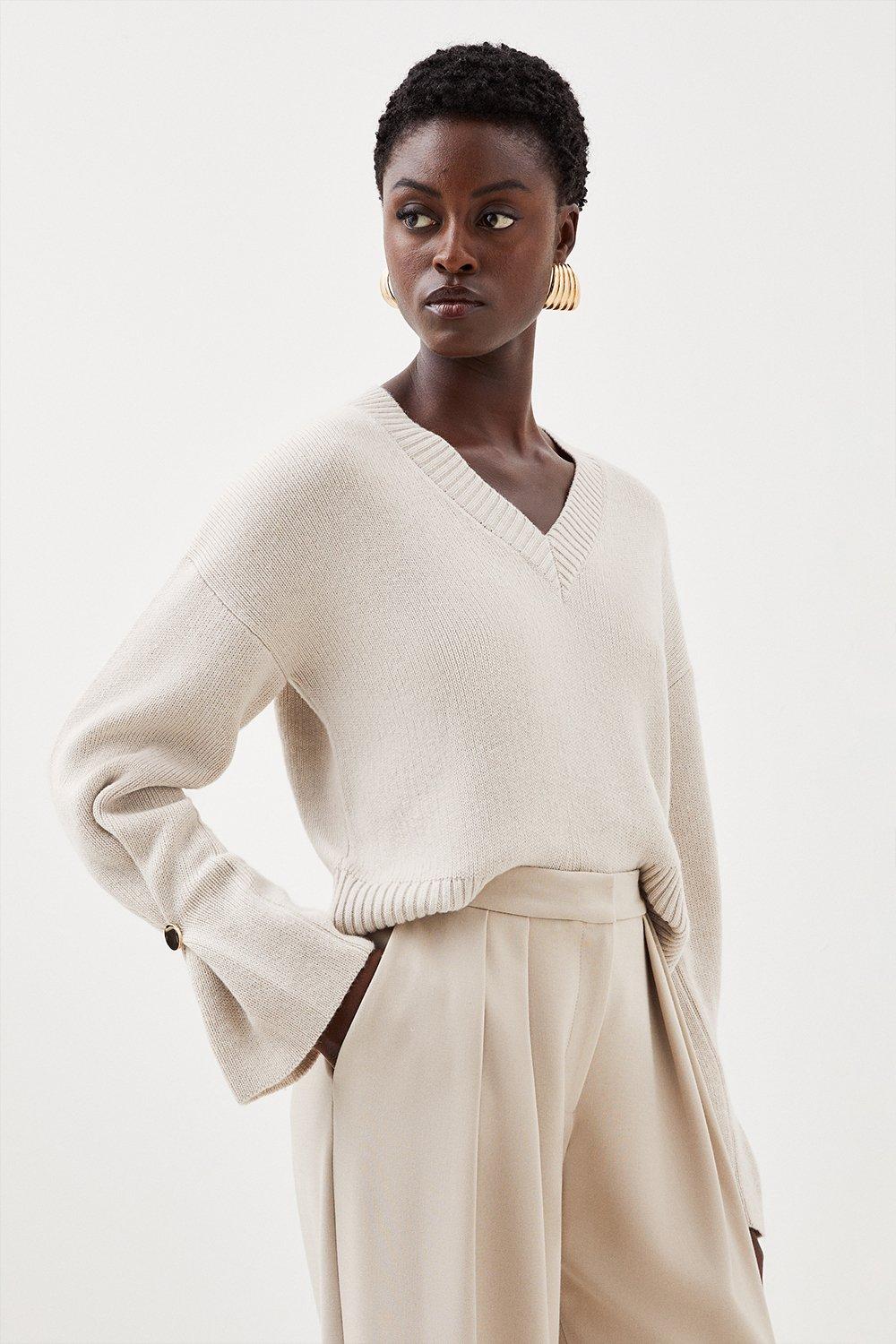 V Neck Premium Alpaca Wool Blend Mid Weight Full Sleeve Knit Sweater |  Karen Millen