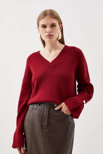 V Neck Premium Alpaca Wool Blend Mid Weight Full Sleeve Knit Sweater wine