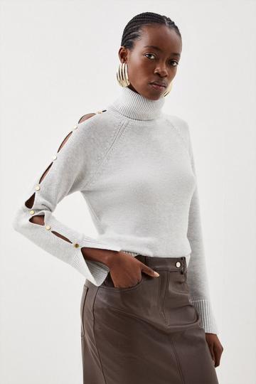 Premium Alpaca Wool Blend Knit Turtleneck Sweater With Open Sleeve Detail grey marl