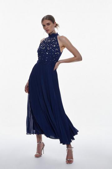 Navy Lace Embellished Halter Pleated Woven Midi Dress